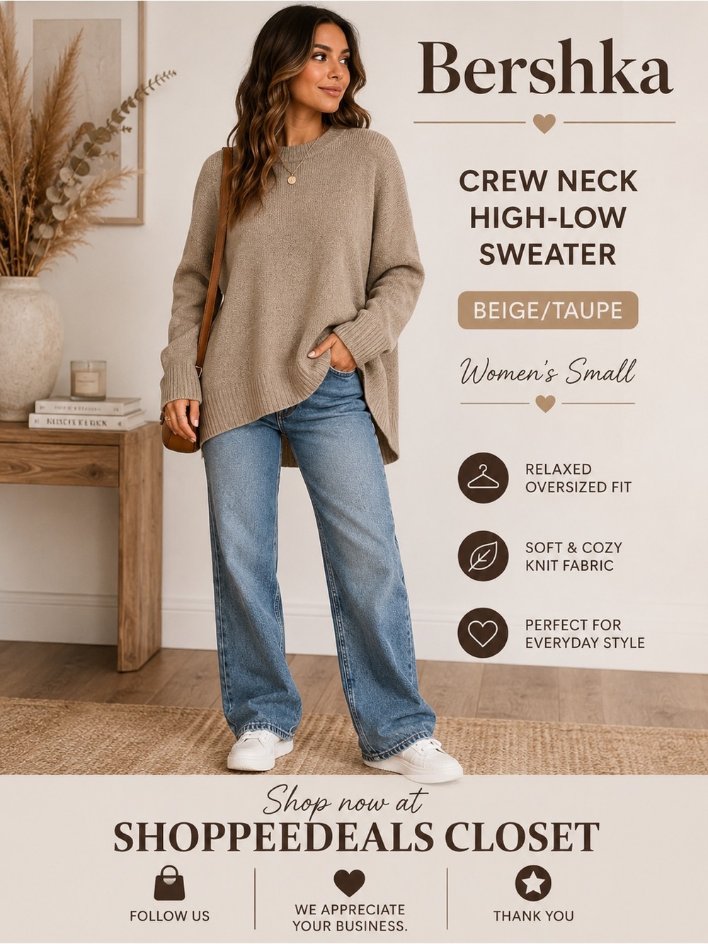 Bershka Crew Neck High-Low Sweater – Beige/Taupe – Women’s Small